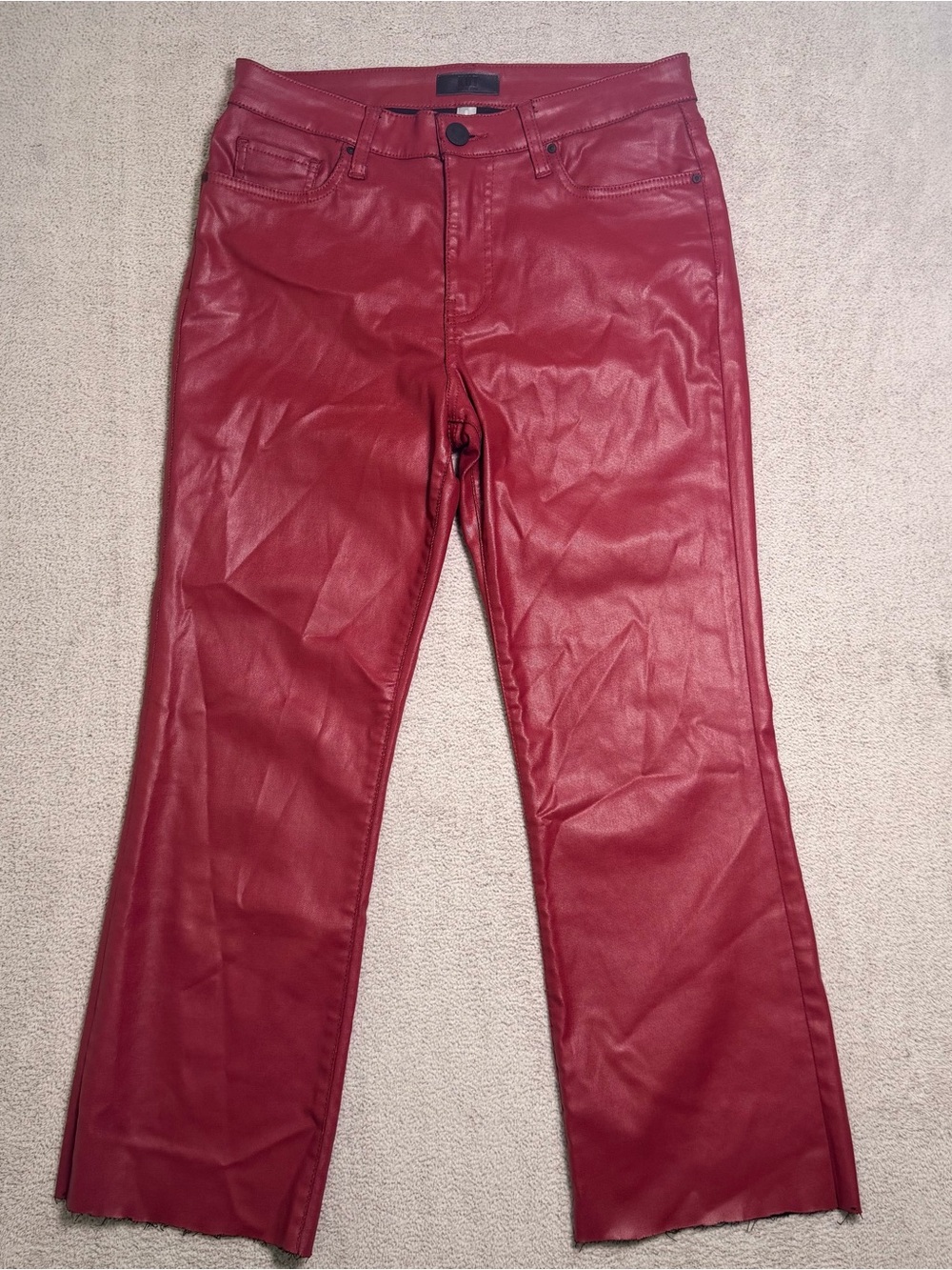 KUT From The Kloth Kelsey Coated High Rise Ankle Flare Pants Women 8 Red Raw Hem